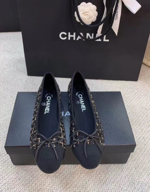 Chanel Ballerina Flats Tweed Black/Gold For Women, Women's Shoes
