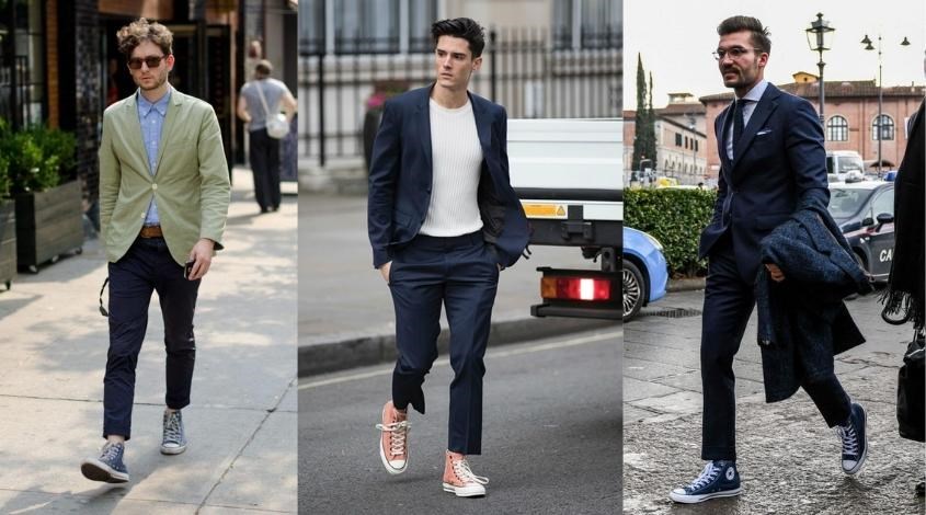 The principle of wearing a suit with sneakers looks stylish